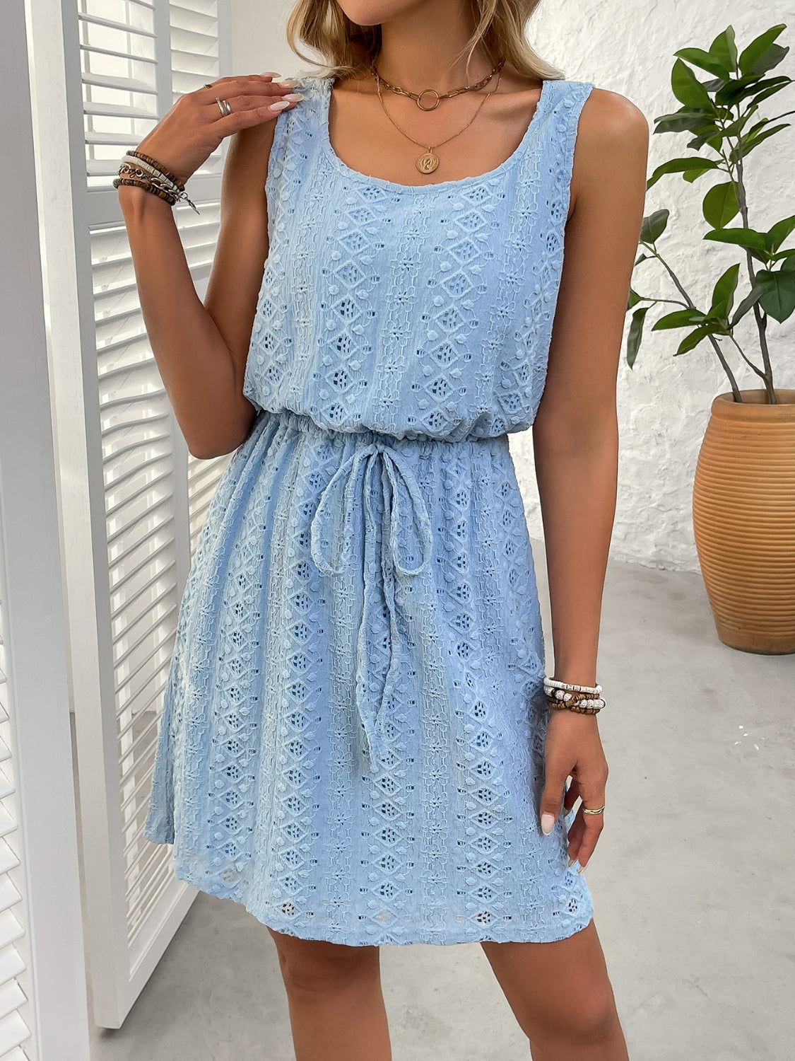 Kylie Eyelet Drawstring Round Neck Sleeveless Dress