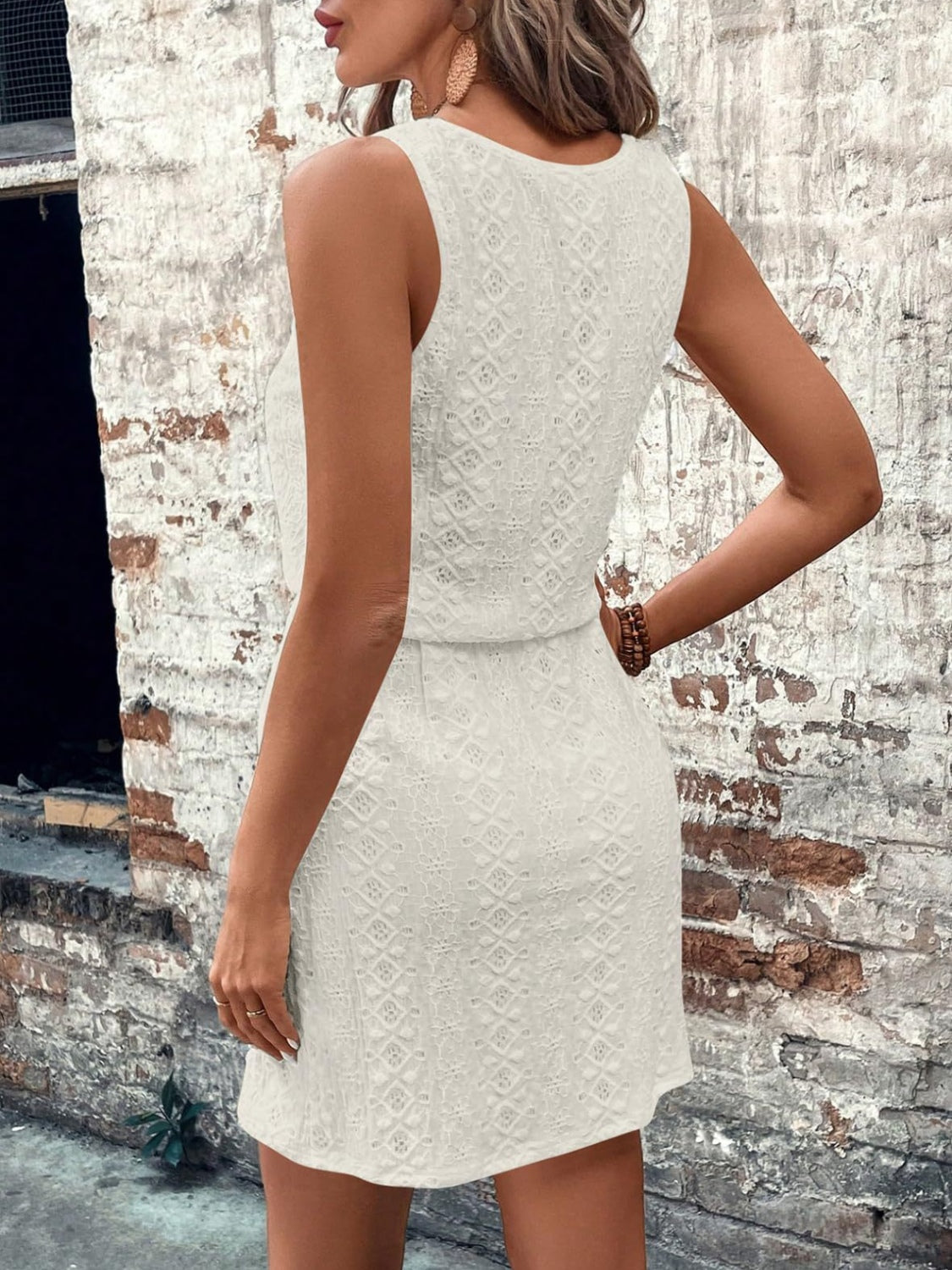 Kylie Eyelet Drawstring Round Neck Sleeveless Dress