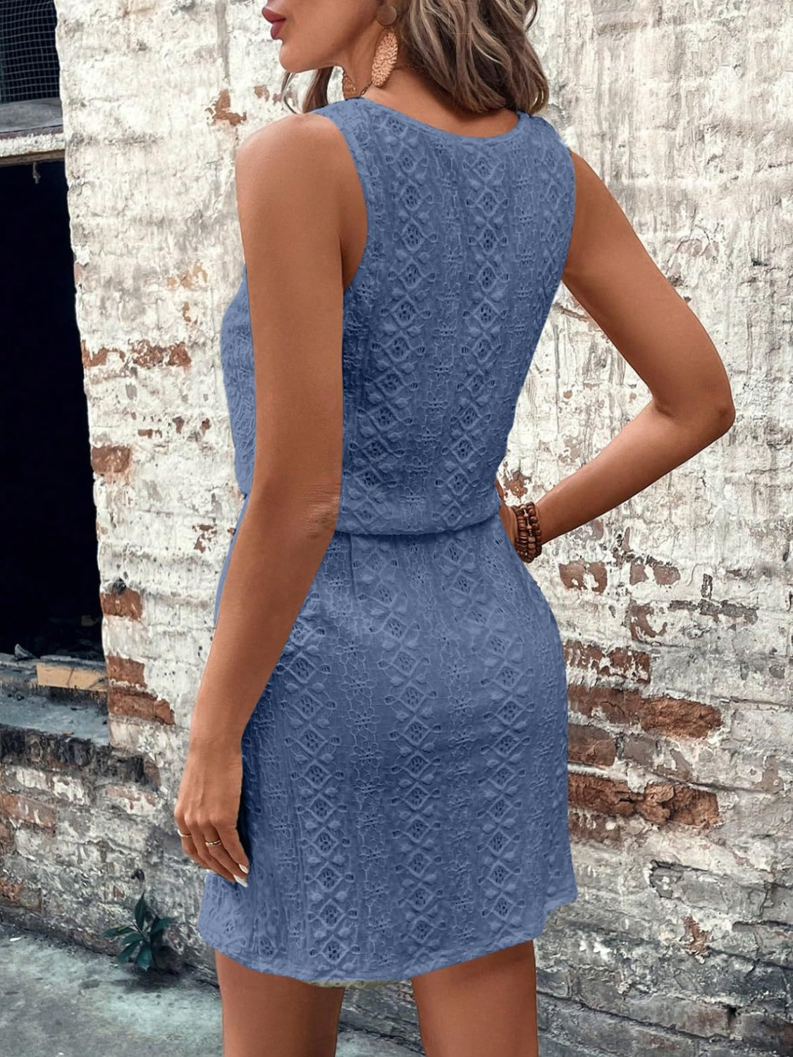Kylie Eyelet Drawstring Round Neck Sleeveless Dress