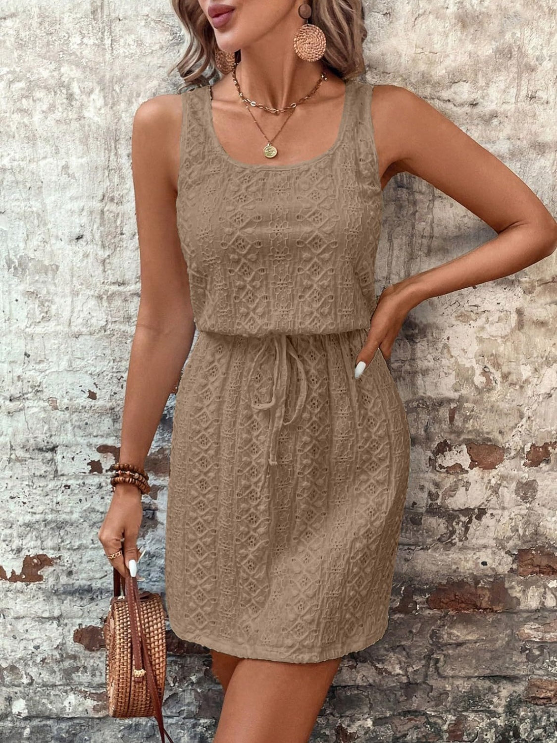 Kylie Eyelet Drawstring Round Neck Sleeveless Dress