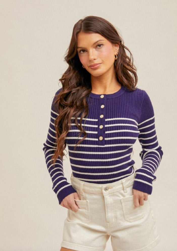 Striped Ribbed Buttoned Sweater