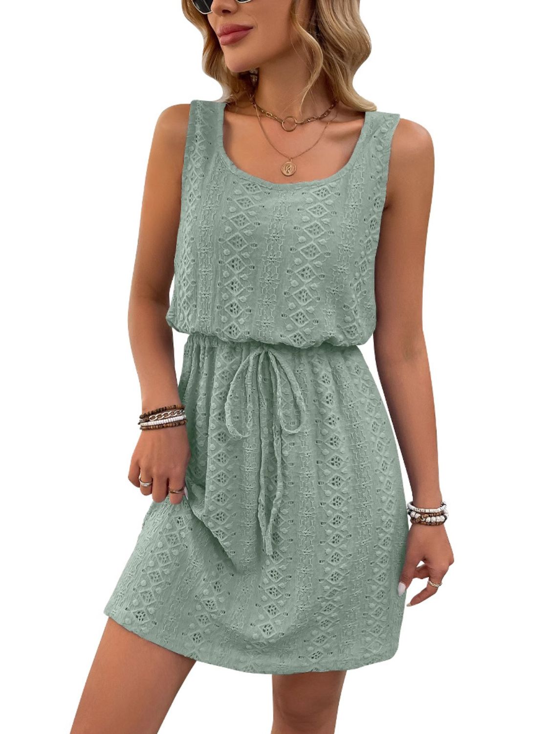 Kylie Eyelet Drawstring Round Neck Sleeveless Dress