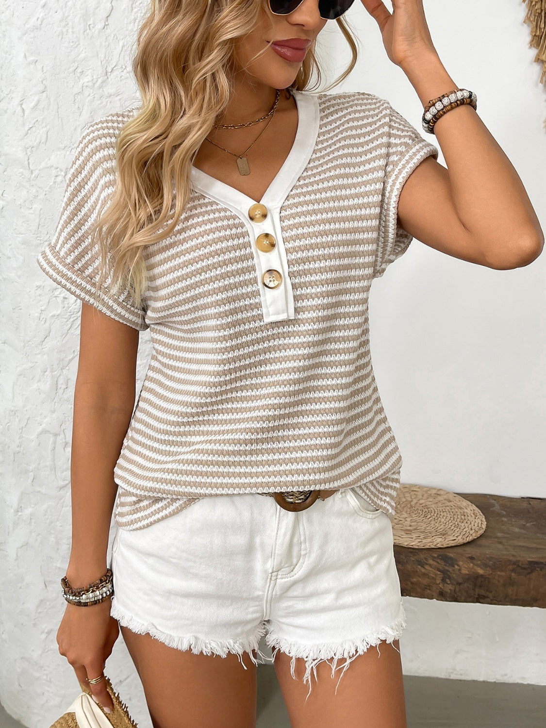 Reagan Striped V-Neck Short Sleeve T-Shirt
