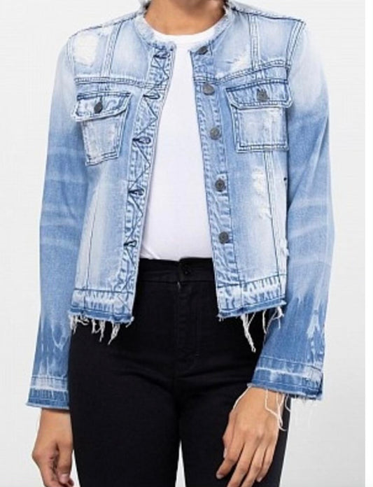 Aurora Collarless Distressed Denim Jacket